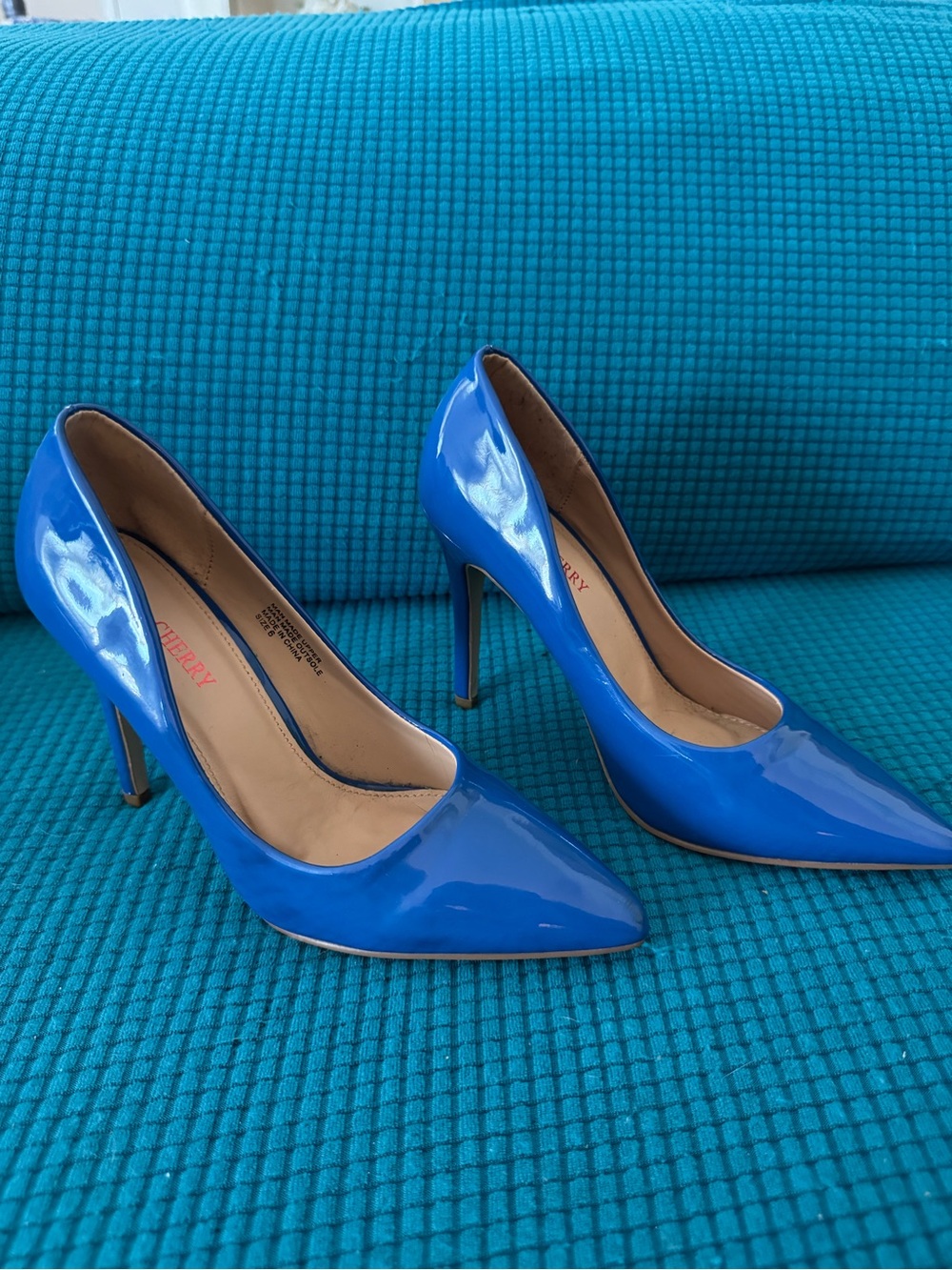 Red Cherry Cobalt Blue Patent Pointed Toe Stiletto Pumps. Never worn